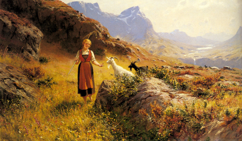 «Альпийский пейзаж с пастушкой и козами», Ганс Даль — описание картины