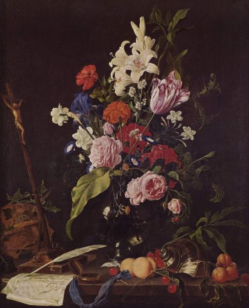«Цветы в стеклянной вазе и фрукты», Ян Давидс де Хем — описание картины