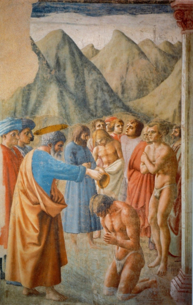 «Крещение неофитов Петром», Мазаччо — описание