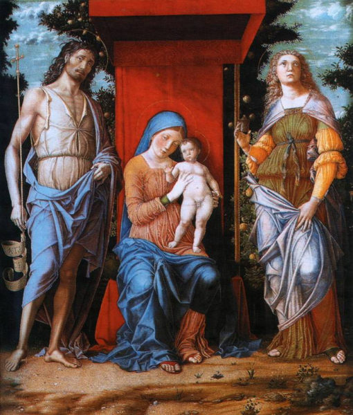 Мадонна с младенцем, Иоанном Крестителем и Марией Магдалиной, Андреа Мантенья