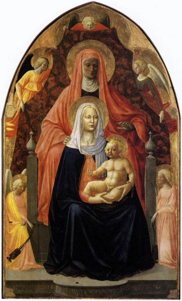 Мадонна с младенцем, Святая Анна и ангелы, Мазолино да Паникале и Мазаччо