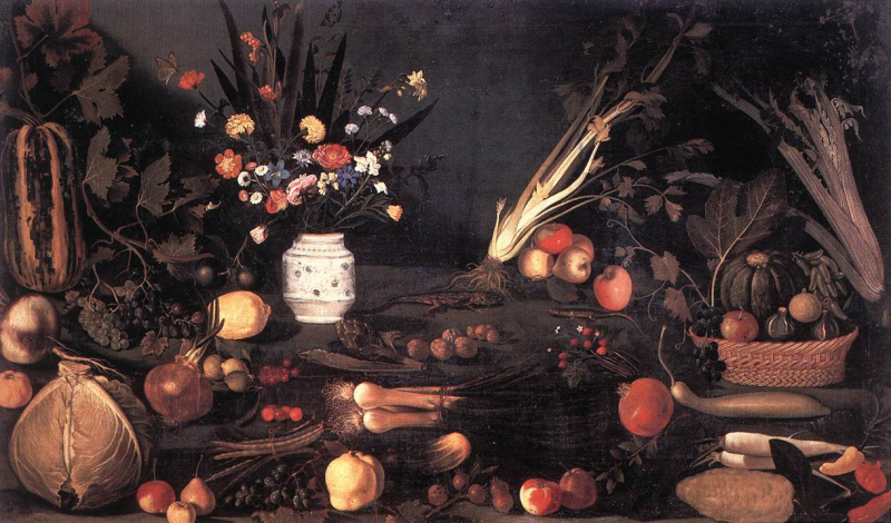 Натюрморт с фруктами, овощами, цветами и двумя ящерицами