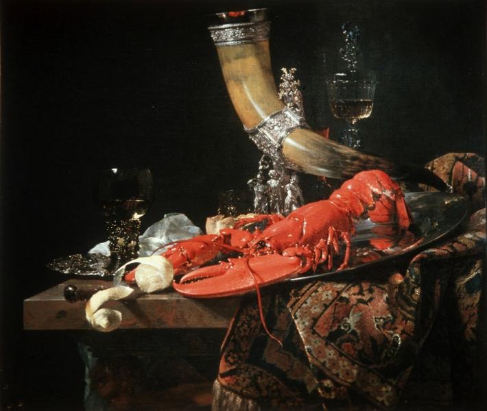 «Натюрморт с рогом, лобстером и стаканом», Виллем Кальф — описание картины