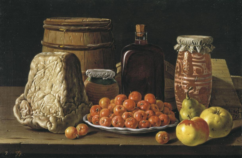 «Натюрморт с тарелкой вишни, фруктов и сыра», Луис Мелендес — описание картины