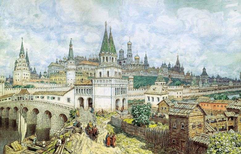 Описание картины Аполлинария Васнецова «Возвышение Кремля. Всехсвятский мост и Кремль в конце XVII века