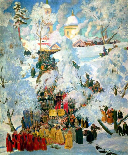 Описание картины Бориса Кустодиева «Богоявленское благословение» (1921)