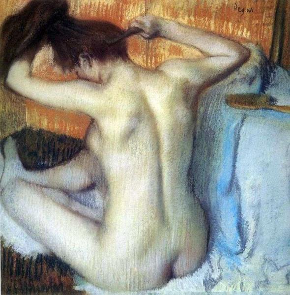 Описание картины Эдгара Дега «Женщина, расчесывающая волосы» (За унитазом)