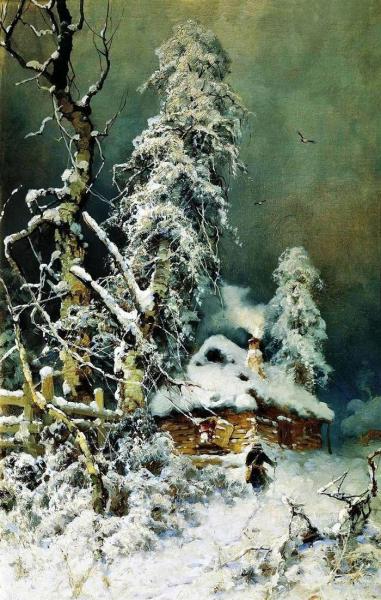 Описание картины Юлия Клевера «Зимний пейзаж с хижиной»