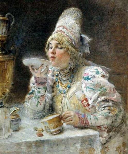Описание картины Константина Маковского «За чаем»