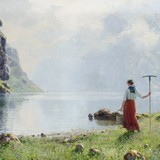 «Пейзаж с фьордом и семьей, плывущей в лодке», Ганс Даль — описание картины