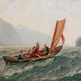 «Пейзаж с фьордом и семьей, плывущей в лодке», Ганс Даль — описание картины