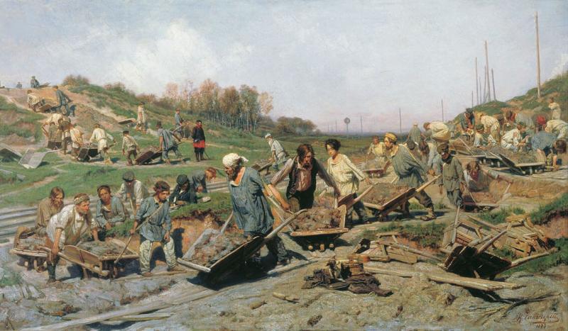 «Ремонтные работы на железной дороге», Савицкий — описание картины
