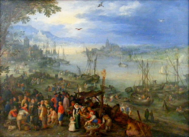 «Рыбный рынок на берегу реки», Ян Брейгель Старший — описание картины