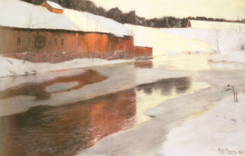 «Фабричный корпус у замерзшей реки», Фриц Таулов — описание картины